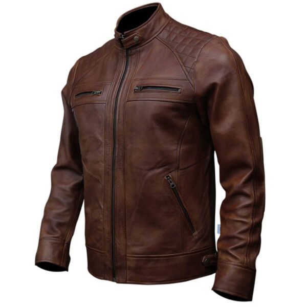 Mens Cafe Racer Retro Motorcycle Brown Leather Jacket 2