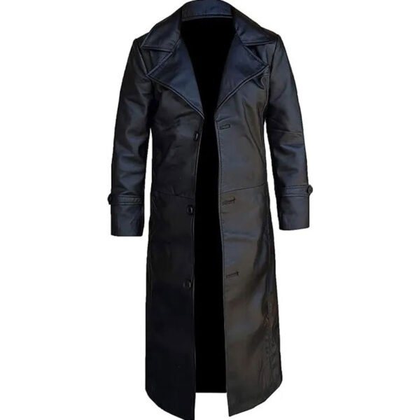 Mens Full Length Black Leather Trench Coat 1
