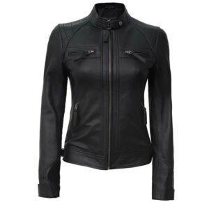 Womens Slim Fit Motorcycle Black Leather Jacket 3