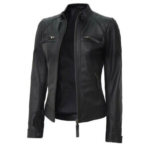Womens Slim Fit Motorcycle Black Leather Jacket 4