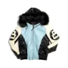 8 Ball Black and Sky Blue Hooded Leather Jacket 1