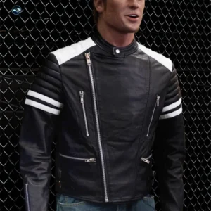 Black and white leather jacket inspired by Tyler Durden in Fight Club, featuring a distinctive design and premium quality for movie lovers.