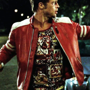 Vibrant red leather jacket inspired by Tyler Durden's Mayhem FC look in Fight Club, featuring bold style and premium craftsmanship.