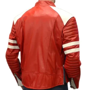 Vibrant red leather jacket inspired by Tyler Durden's Mayhem FC look in Fight Club, featuring bold style and premium craftsmanship.