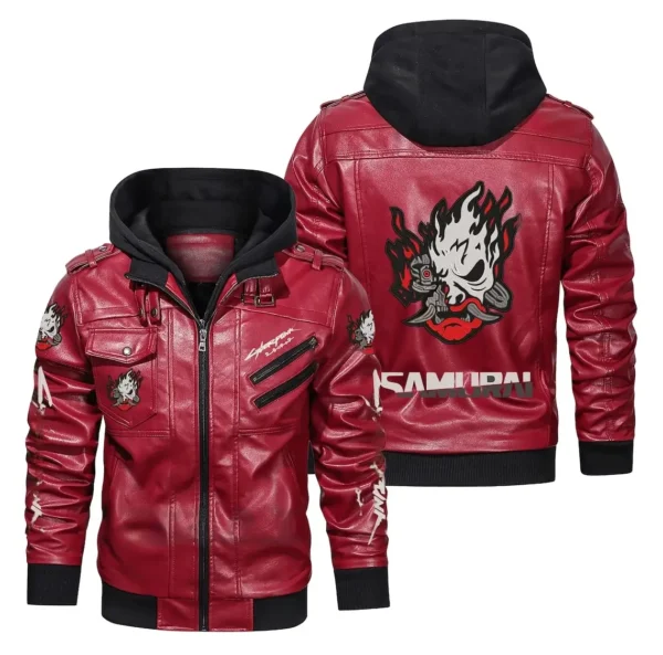 Cyberpunk 2077 Premium Hooded Samurai Gaming Red Leather Jacket 3