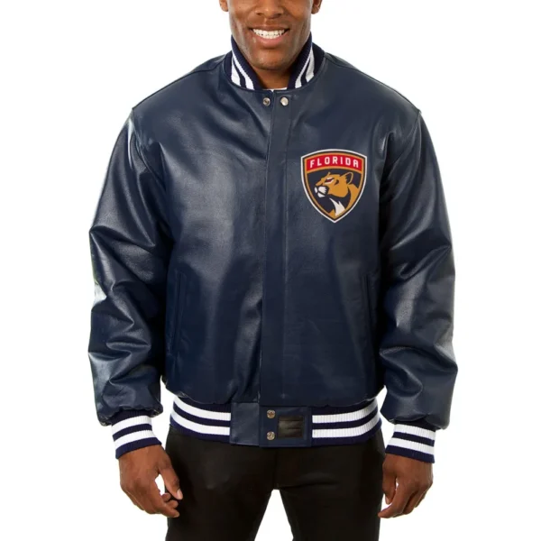 Florida Panthers Rib Knitted Navy Varsity Leather Jacket 1