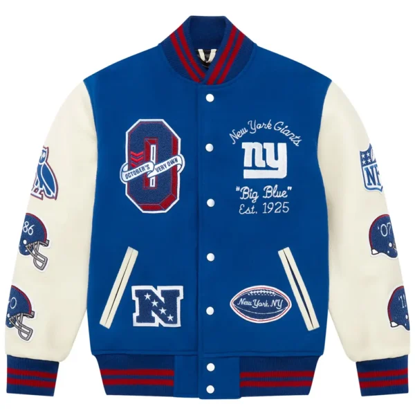 New York Giants OVO Royal Full Snap Wool Varsity Jacket 1