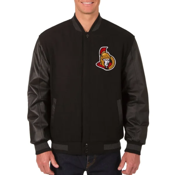 Ottawa Senators Reversible Back Embroidered Logo Wool Leather Varsity Jacket 1