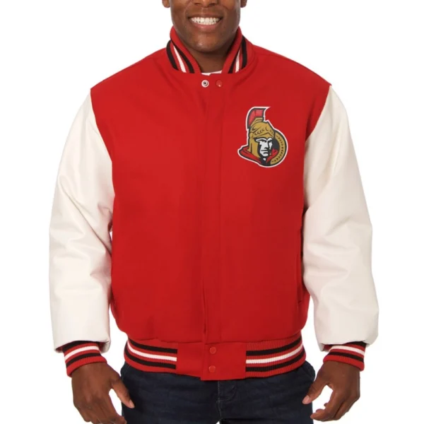 Ottawa Senators Rib Knitted Wool Leather Red Varsity Jacket 1