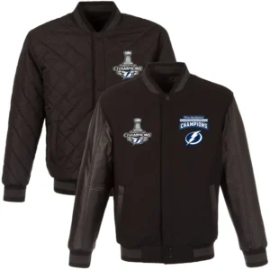 Tampa Bay Lightning 3 Time Stanley Cup Champions Reversible Wool Leather Black Varsity Jacket 1 4