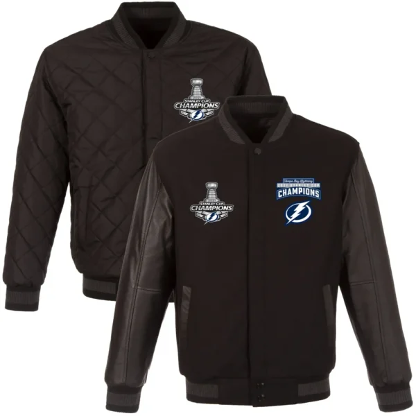Tampa Bay Lightning 3 Time Stanley Cup Champions Reversible Wool Leather Black Varsity Jacket 1 4