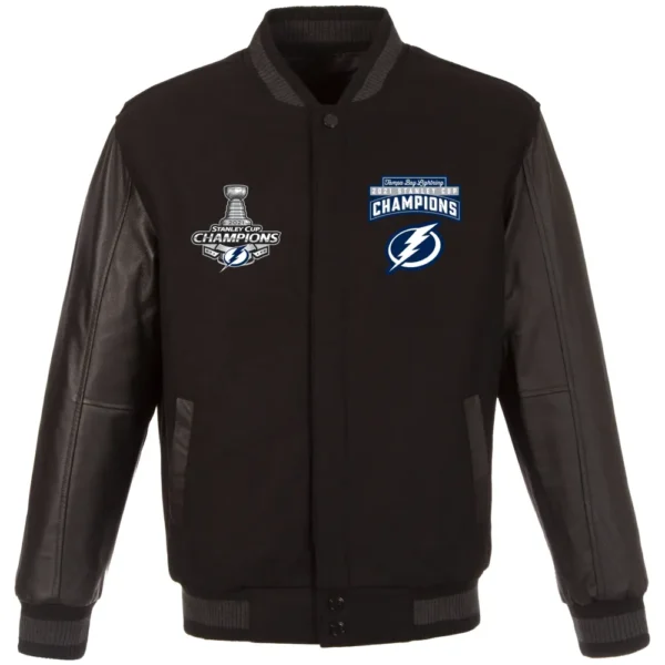 Tampa Bay Lightning 3 Time Stanley Cup Champions Reversible Wool Leather Black Varsity Jacket 1
