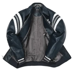 A navy varsity jacket featuring the Pelle Pelle Soda Club Leather Jacket with encrusted plush detailing and premium craftsmanship.