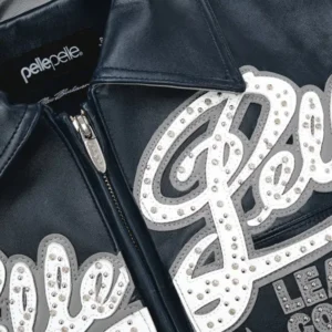 A navy varsity jacket featuring the Pelle Pelle Soda Club Leather Jacket with encrusted plush detailing and premium craftsmanship.