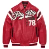 A vibrant red varsity jacket showcasing the Pelle Pelle Soda Club Red Leather Jacket with encrusted plush detailing.