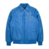A royal blue bomber jacket featuring the Blue Pelle Pelle Leather Jacket from the Stones collection.