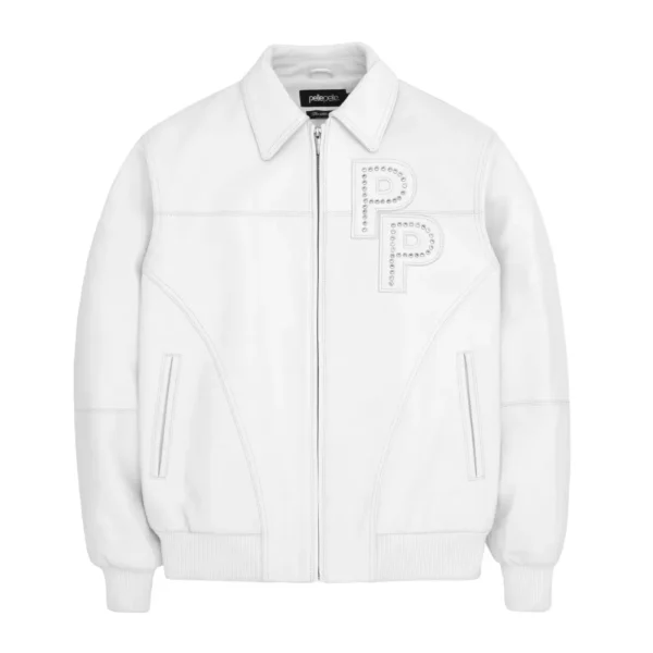 A sleek white bomber jacket featuring the White Pelle Pelle Leather Jacket from the Pelle Pelle Stones collection.