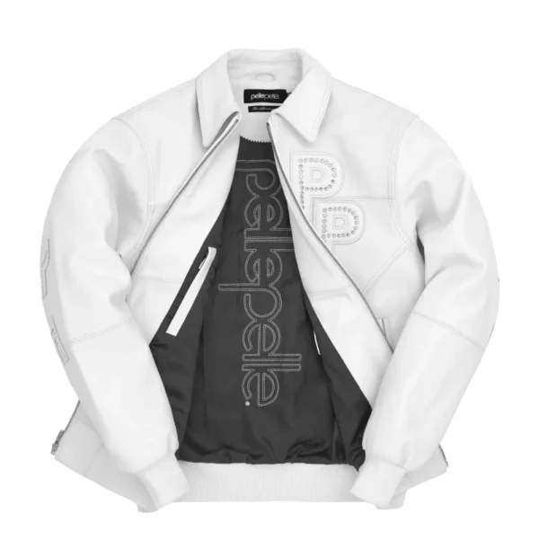 A sleek white bomber jacket featuring the White Pelle Pelle Leather Jacket from the Pelle Pelle Stones collection.