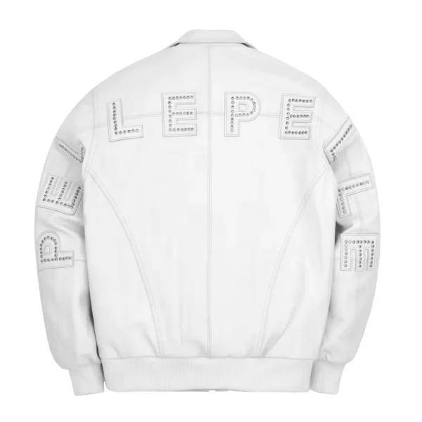 A sleek white bomber jacket featuring the White Pelle Pelle Leather Jacket from the Pelle Pelle Stones collection.
