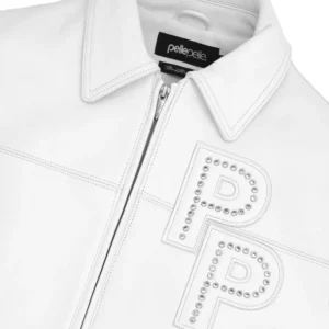 A sleek white bomber jacket featuring the White Pelle Pelle Leather Jacket from the Pelle Pelle Stones collection.
