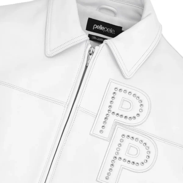 A sleek white bomber jacket featuring the White Pelle Pelle Leather Jacket from the Pelle Pelle Stones collection.