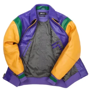 A bold purple and yellow bomber jacket featuring the Pelle Pelle Soda Club Leather Jacket from the World Famous collection.
