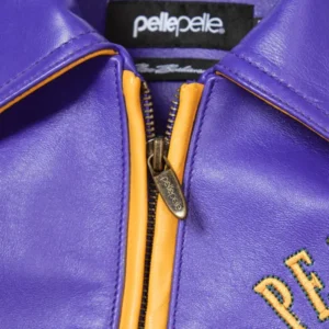 A bold purple and yellow bomber jacket featuring the Pelle Pelle Soda Club Leather Jacket from the World Famous collection.