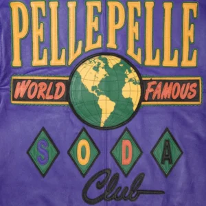 A bold purple and yellow bomber jacket featuring the Pelle Pelle Soda Club Leather Jacket from the World Famous collection.