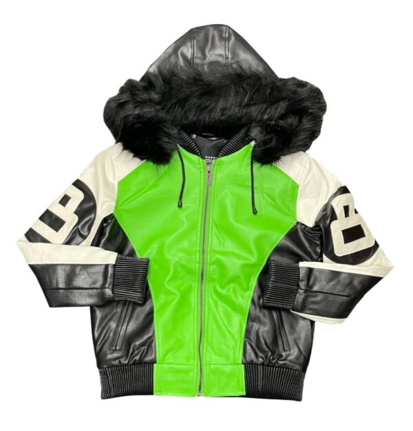 8 Ball Lime Leather Jacket with Fur Hood 1