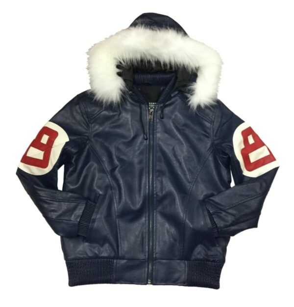 8 Ball Navy Leather Jacket with Fur Hood 1