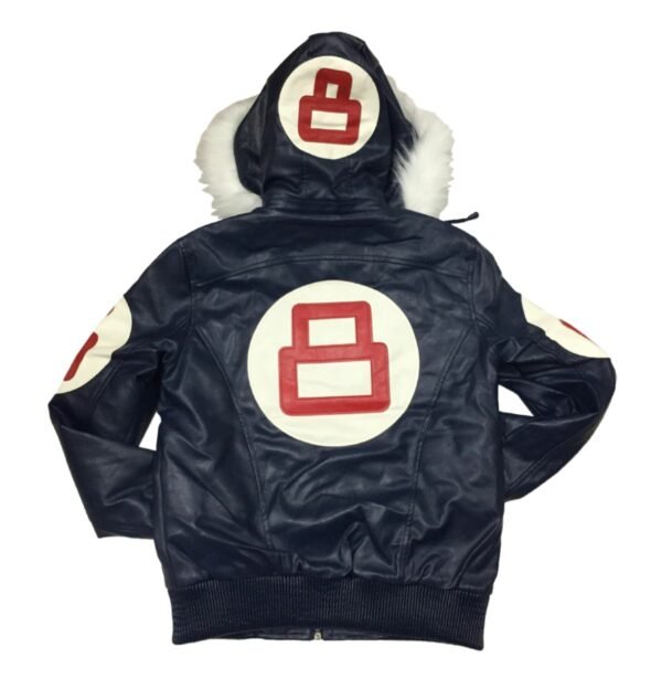 8 Ball Navy Leather Jacket with Fur Hood 2