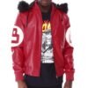 8 Ball Red Hooded Bomber Leather Jacket 1