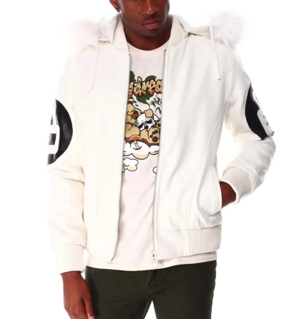 8 Ball White Hooded Bomber Leather Jacket 1
