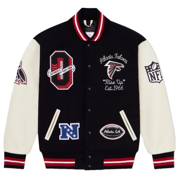 Atlanta Falcons X OVO Wool Leather Varsity Jacket BlackWhite 1