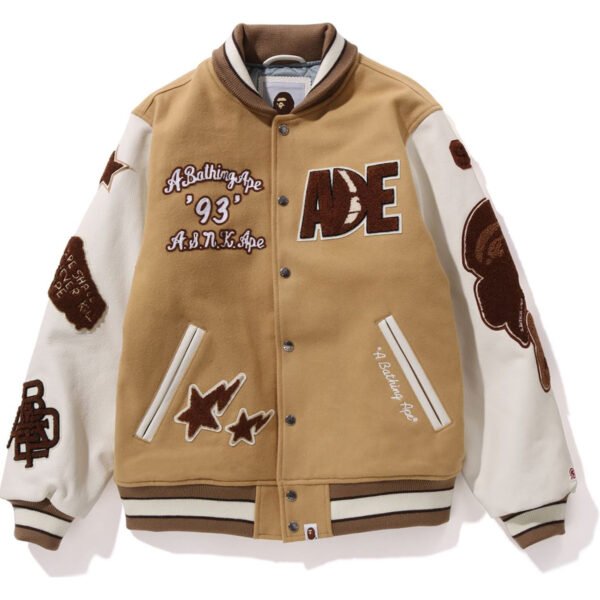 Bape Multi Motif Wool Leather Beige Varsity Jacket 1