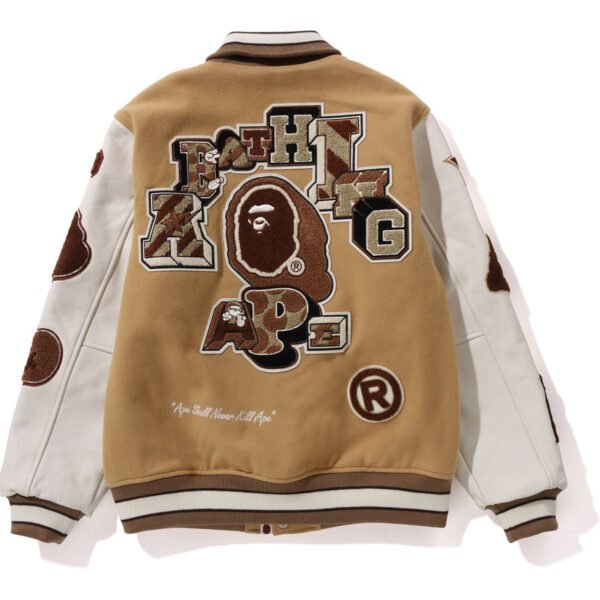 Bape Multi Motif Wool Leather Beige Varsity Jacket 2