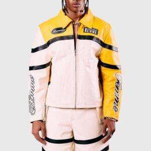 Homme Femme Classic Moto Yellow Leather Jacket 1