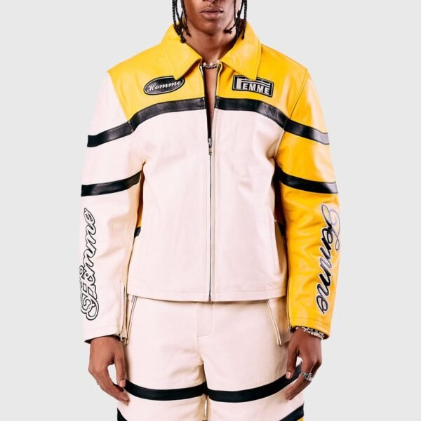 Homme Femme Classic Moto Yellow Leather Jacket 1