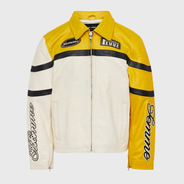 Homme Femme Classic Moto Yellow Leather Jacket 4