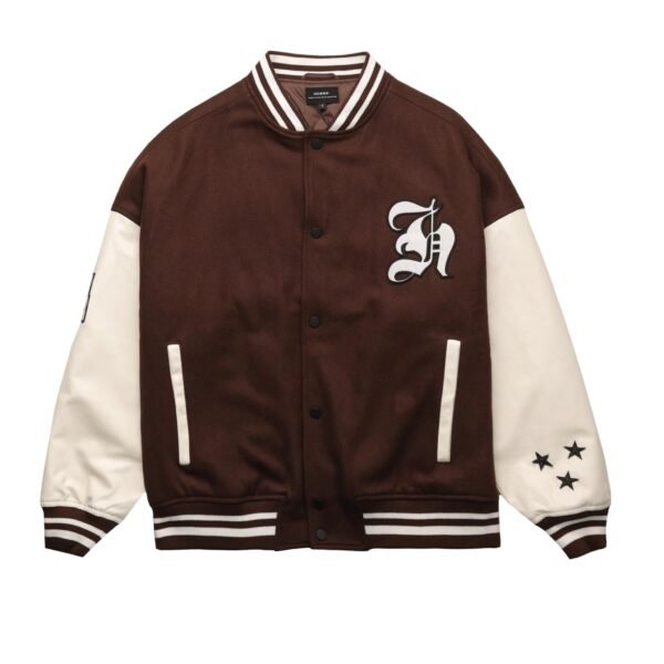 Homme Wool Leather Mocha Varsity Jacket 1