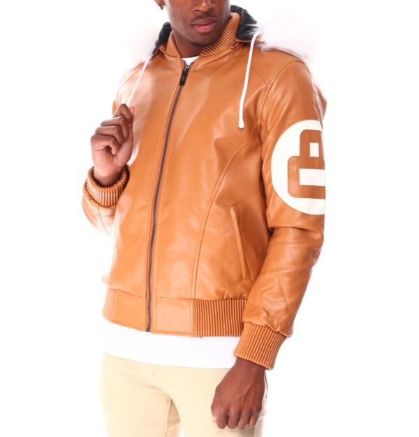Mens 8 Ball Light Brown Bomber Hooded Leather Jacket 1