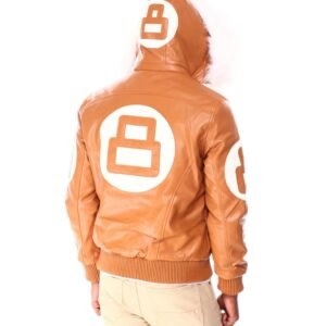 Mens 8 Ball Light Brown Bomber Hooded Leather Jacket 2