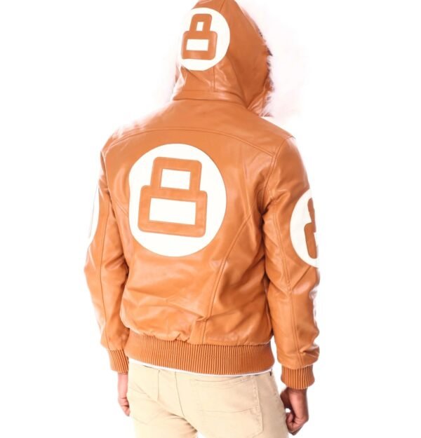Mens 8 Ball Light Brown Bomber Hooded Leather Jacket 2