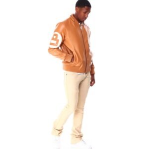 Mens 8 Ball Light Brown Bomber Hooded Leather Jacket 3