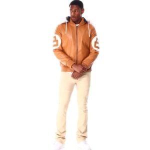 Mens 8 Ball Light Brown Bomber Hooded Leather Jacket 4