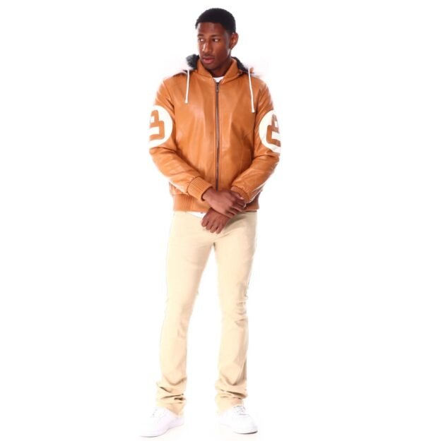 Mens 8 Ball Light Brown Bomber Hooded Leather Jacket 4