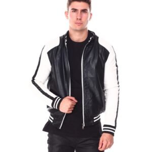 Mens Moto Color Block Bomber Leather Jacket 2