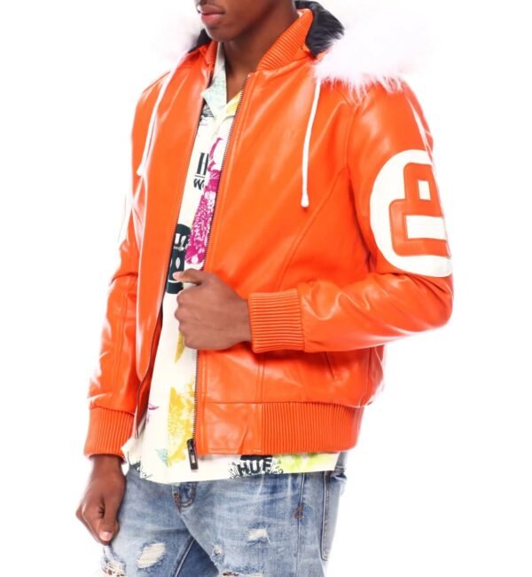 Mens Orange 8 Ball Bomber Faux Fur Hooded Leather Jacket 1