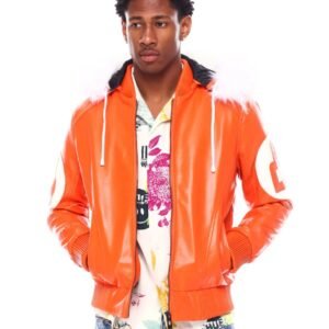 Mens Orange 8 Ball Bomber Faux Fur Hooded Leather Jacket 2
