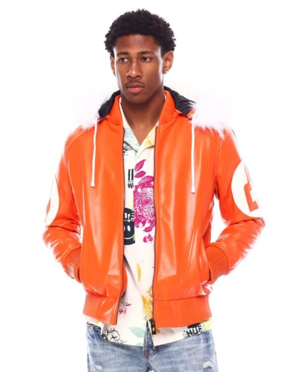 Mens Orange 8 Ball Bomber Faux Fur Hooded Leather Jacket 2
